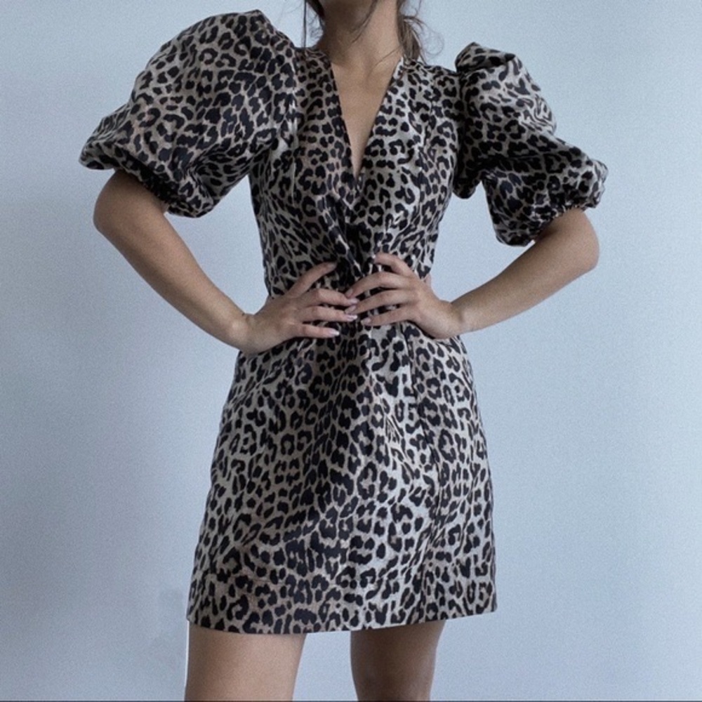 GANNI Mini Dress Leopard Print Puff Sleeve Crispy Jacquard Black Party Sz 0